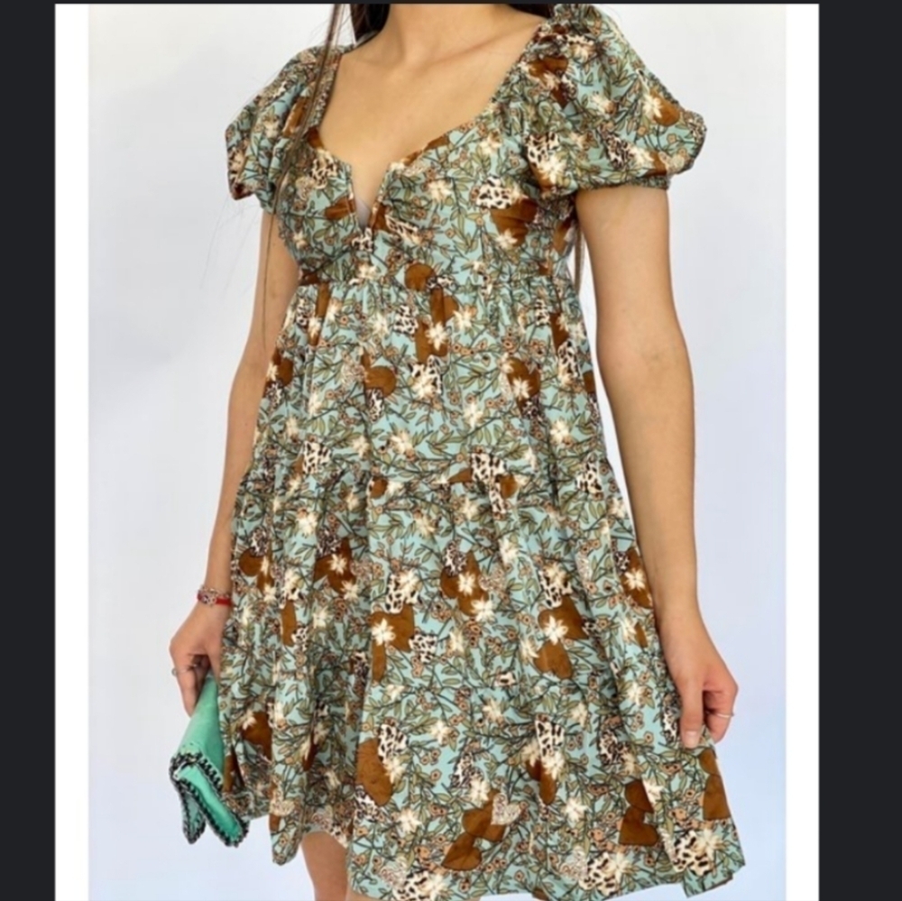 Entro Floral Print Dress in Brown and Green